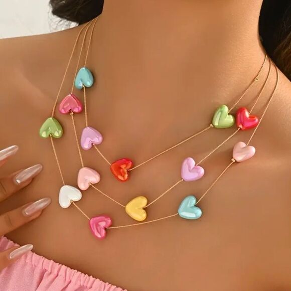 Colorful Heart Charm Multi Necklace - Picture 1 of 7